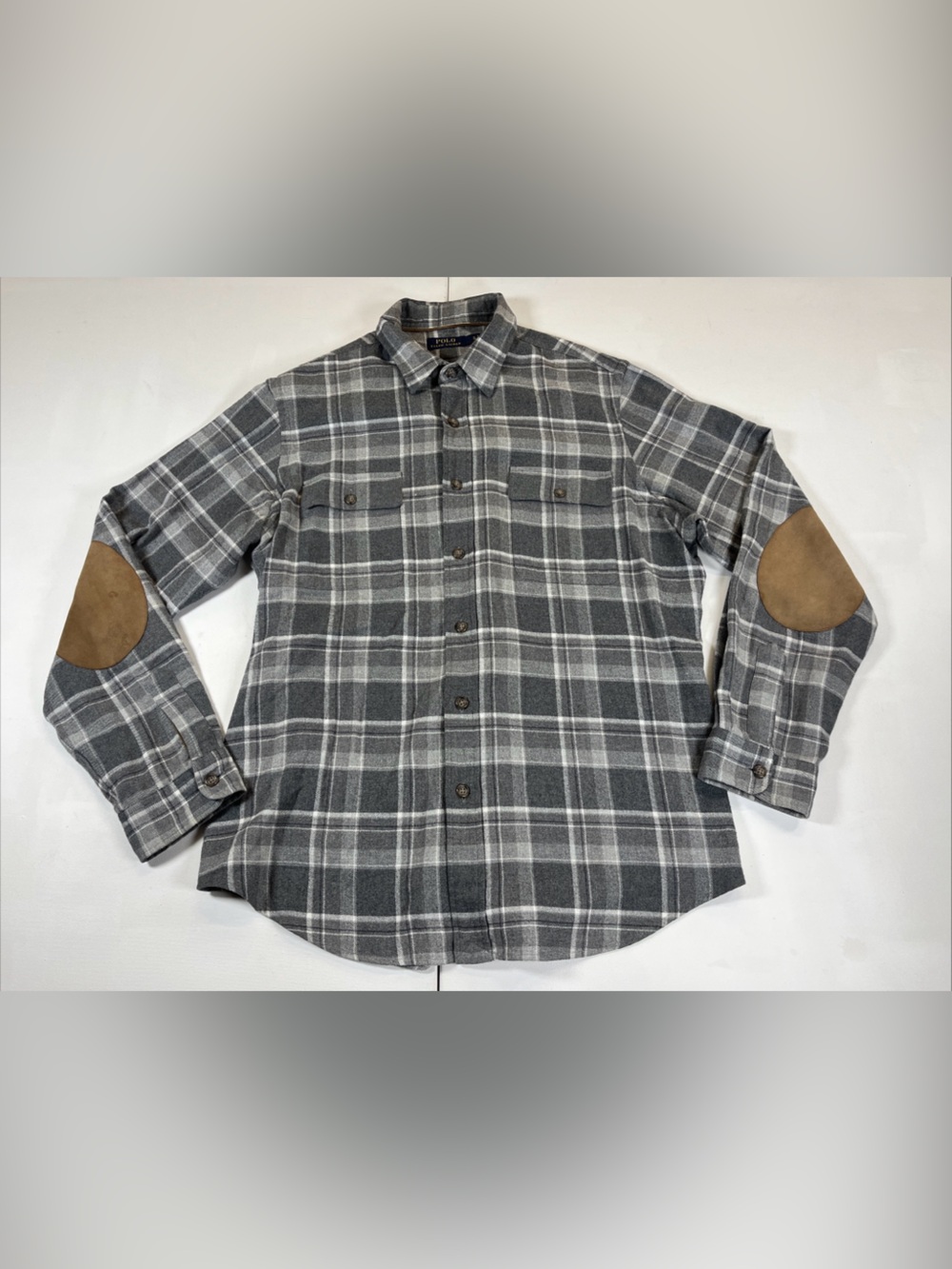 Polo Ralph Lauren Flannel Shirt Gray Plaid Elbow Patch Button Up Soft Men’s XL